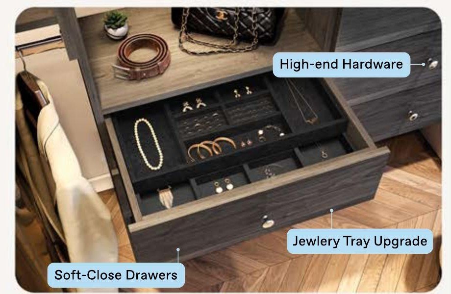 Alto closet system soft-close drawer open showing jewelry tray upgrade and high-end hardware