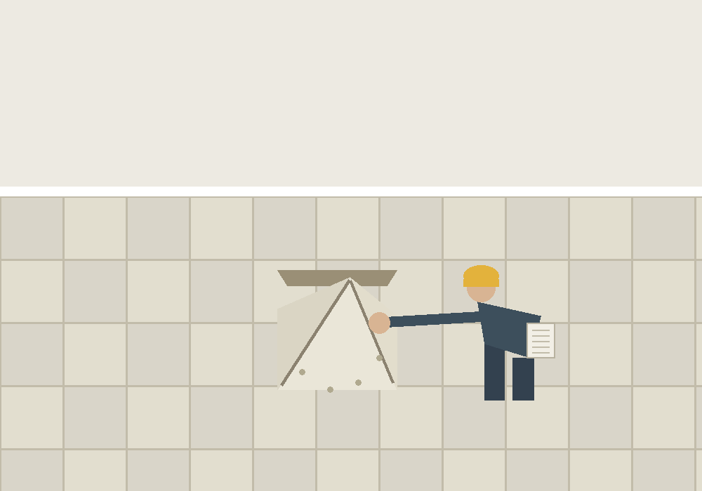 Illustration of a flooring inspector examining a ceramic tile floor with tenting damage