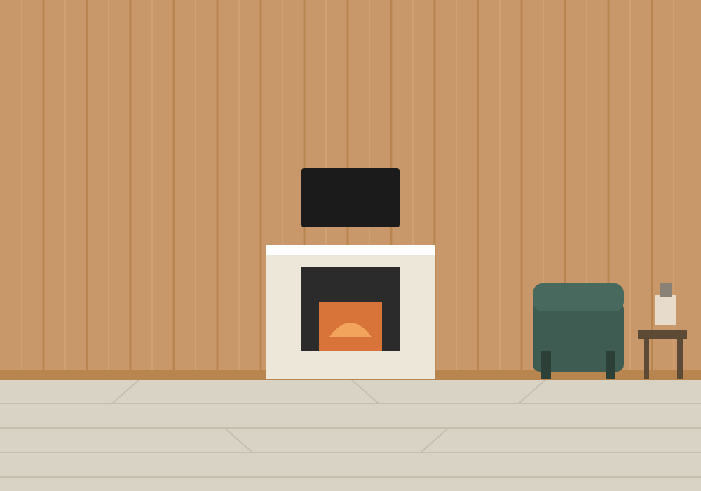 Living room illustration with Versatex Canvas Series oak V-groove plank accent wall